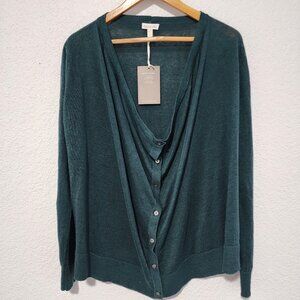Garnet Hill Cardigan Draped Neck Size Small Teal 100% Linen Button Open Front